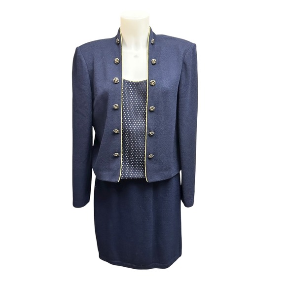 St. John Navy Santana Knit‎ 2 Pc Blazer & Skirt Set Vintage sz 8 Chunky Buttons